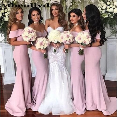 Mbcully African Bridesmaids Dresses Pink Satin Off Shoulder Mermaid Floor Length Plus Size Wedding Guest Dress vestido madrinha