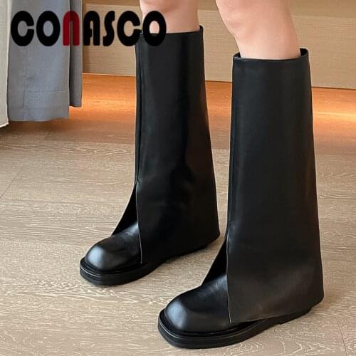 CONASC Fashion Women Knee High Boots Autumn Winter Warm Cow Leather Causal Prom Office Lady Concise High Quality Shoes Woman