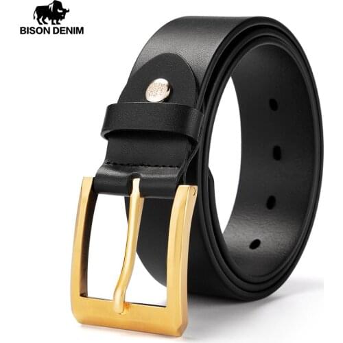 BISON DENIM 100% Real Genuine Leather Men Belt Copper Pin Buckle Classic Luxury High Quality Real Leather Strap Men Belt N71600