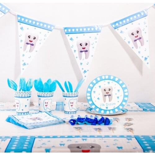 Girl boy my first tooth theme party decoration supplies disposable tableware paper cup plate DIY baby shower birthday tooth ball