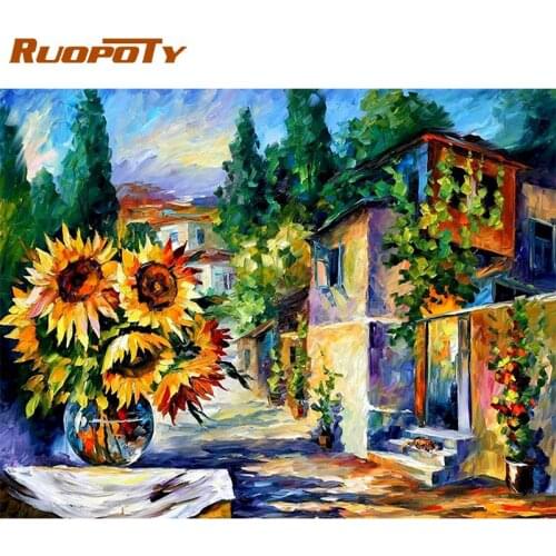 RUOPOTY Painting By Numbers Kits 60x75cm Frame Sunflower House Scenery Oil Picture By Number Modern Home Wall Artcraft