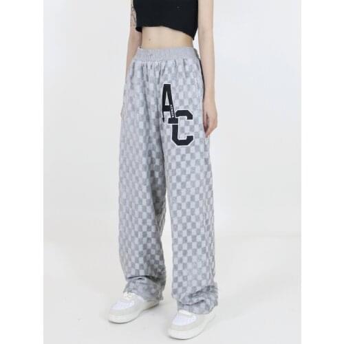 Checkerboard pattern loose all-match casual pants Harajuku straight leg pants Korean style sports pants plus size clothes