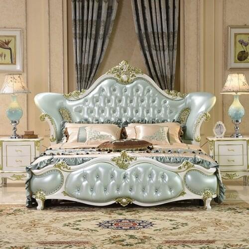 Modern european solid wood bed Fashion Carved leather french bedroom furniture c1901
