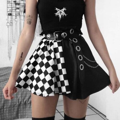 Harajuku Summer Skirt Womens Gothic Contrast Color Patchwork A-line High Waist Plaid Skirts Punk Sexy Clubwear Mini Skirt 2021