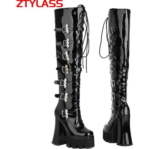 2021 Women Autumn Winter Motorcycle Boots Patent Leather Zipper Over The Knee Boots Square High Heel Platform Shoes Cross Tied