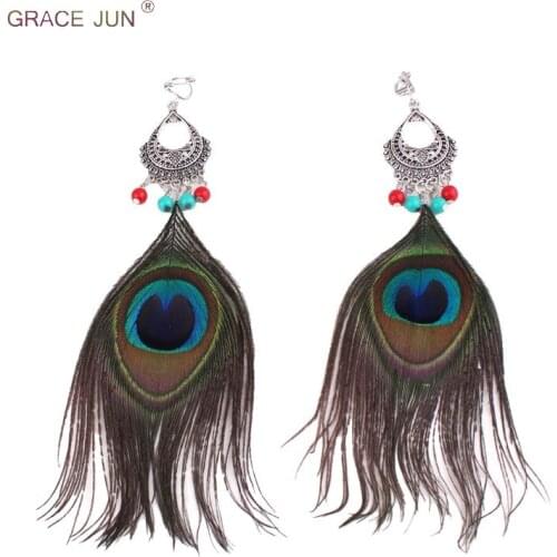 GRACE JUN Boho Ethic Silver Plated Big Peacock Feather Clip on Earrings for Women Fashion Water Drop Bead Pierced Earrings New