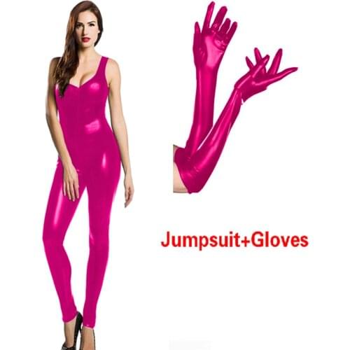 16 Colors Zipper To Crotch Faux Leather Women Catsuit Sexy Low Cut Sleeveless Jumpsuit With Matching Long Gloves Cosplay Costume