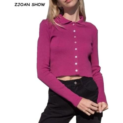 2019 Women Lapel Knitted Single-breasted Cropped Cardigan Sweater Vintage Exposed navel Short Knitwear Long sleeve Jumper Tops