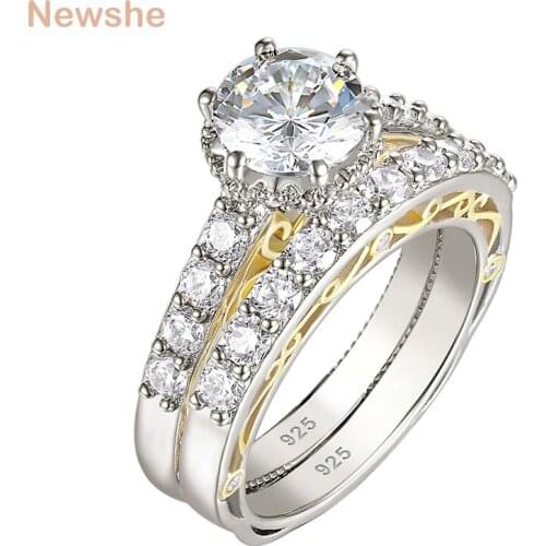 Newshe Brilliant Round Cut AAAAA CZ Wedding Ring Set 925 Sterling Silver Engagement Rings For Women Yellow Gold Side Design