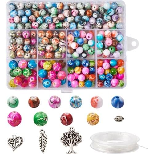1Set DIY Jewelry Kits with Painted Acrylic Beads Spacer Beads Tibetan Style Alloy Charm Elastic Wire for Bracelet Jewelry Making