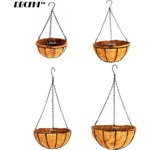 1PC Metal Hanging Planter Basket Coco Coir Liner Round Wire Plant Holder Chain Porch Decor Flower Pots Hanger Garden Decoration