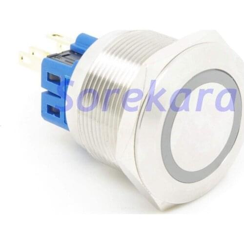 25mm Ring LED Color BLUE Latching 2NO 2NC Stainless Steel Pushbutton Switch For Auto IP65 UL 6V/12V/24V/110V/220V