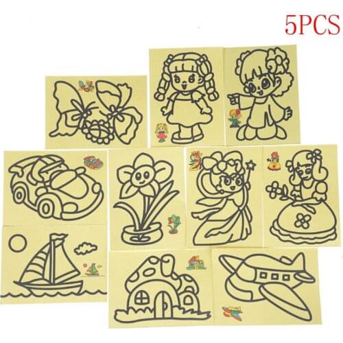 5Pcs Sand Art Painting Cards Sand Art Kids Coloring DIY Crafts Learning Sand Painting Handmade Colored Cartoon Drawing Toys