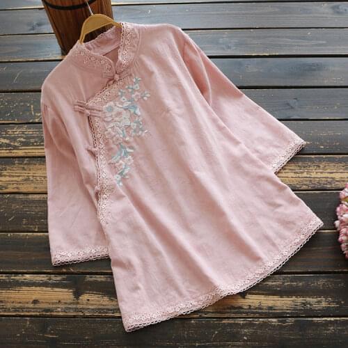 7468 Spring Women Blouse Chinese Style Stand Collar Buckle Retro Floral Embroidery Shirt Long Sleeve Ramie Tops Women