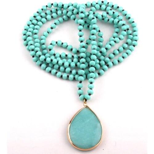 Free Shipping Fashion Bohemian Jewelry 6mm Glass Long Knotted Stone Drop Pendant Necklaces For Women
