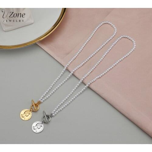 UZone Shining Stainless Steel Pearl Chain Necklaces OT Buckle Queen Pendant Necklace for Woman Jewelry Birthday Gift Colliers