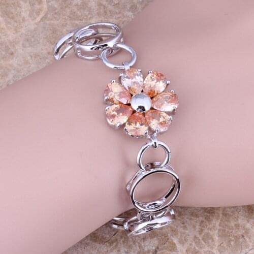 Fantastic Flower Champagne Morganite Silver Plated Link Chain Bracelet 7.5 inch S0678
