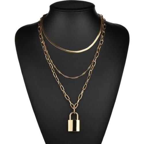 Chunky Chain With Lock Key Pendant Necklace for Women/Men Punk MultiLayer Padlock Necklace on the Neck Jewelry