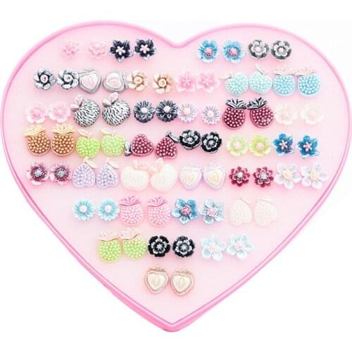 Fashion Cute Small Resin Flower Apple Pineapple Stud Earrings Set Kids Little Girls Women 36 Pair Crystal Jewelry With Heart Box