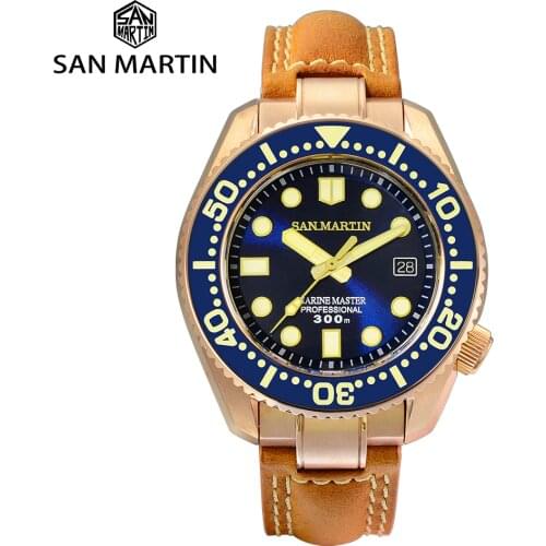 San Martin Diver Watch CuSn8 Bronze MM300 PT5000 Automatic Men Mechanical Watches Leather 300m Water Resistant Luminous Relojes