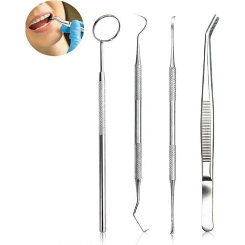 4Pcs/set Dental Mouth Mirror Kit Tooth Cleaning Kit Probe Hook Pick Tweezer Dental Pick Dentist Prepare Tool Stainless Steel
