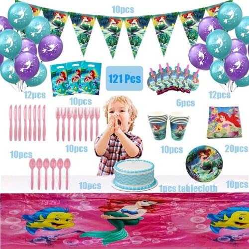 121Pcs Disney Mermaid Ariel Theme Cup Plate Kid Birthday Party Decoration Party Event Supplies Favor Items For Kids 10 People