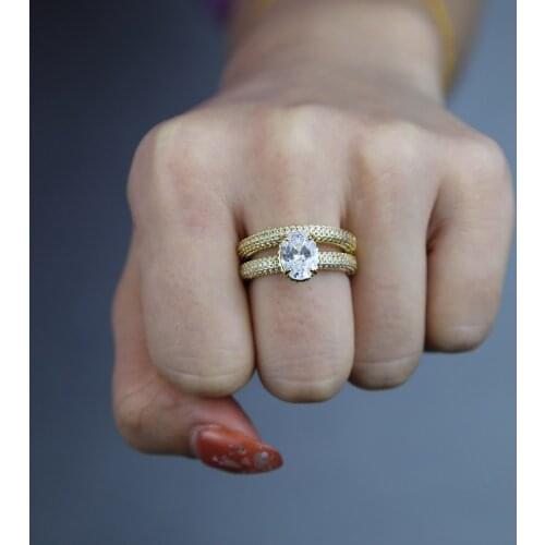 Single oval cz paved Wedding Ring For Lovers gold Color white Crystal CZ Couple Rings Set Men Women Engagement Wedding Rings