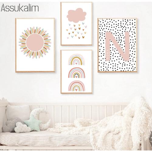 Sun Rainbow Canvas Painting Custom Name Poster Nursery Wall Art Print Cloud Prints Nordic Wall Pictures For Girl Bedroom Decor