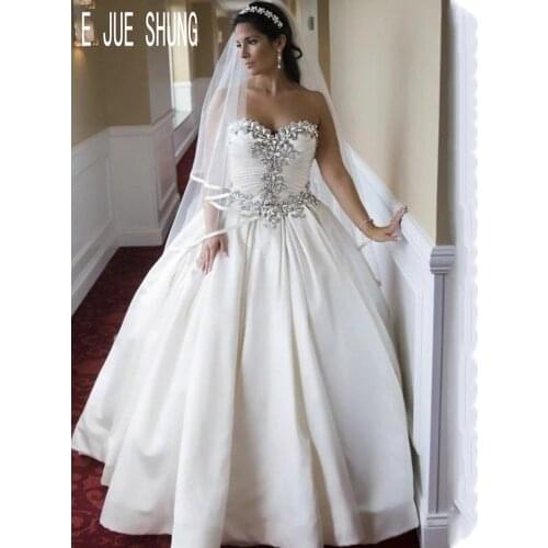 E JUE SHUNG Luxury White Satin Ball Gown Wedding Dresses Sweetheart Neck Lace Up Back Bridal Gowns With Crystal Robe De Mariee