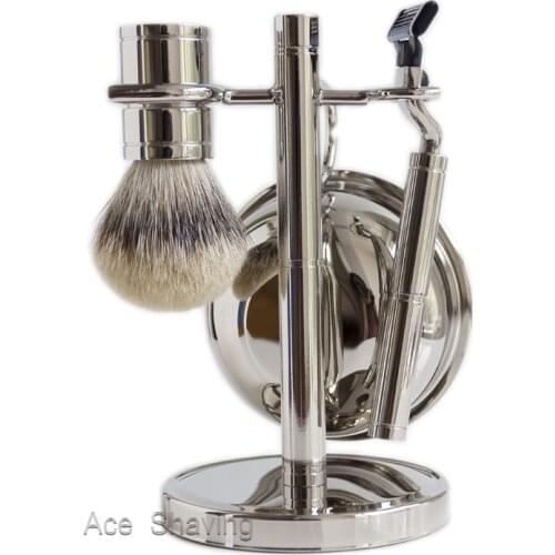Silvertip/Black Badger Brush Stand Razor Holder Barber Beard Kits Shaving Set Bowl Metal Mug