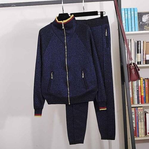 Bright Silk Knitted Tracksuit Set Women Long sleeve Knit Cardigan Sweater Pencil Pants Sets Female Casual Knitting Outfits Suit