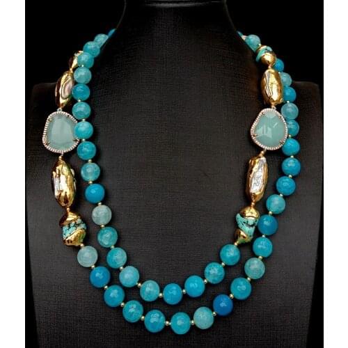 YYGEM 2 Rows Blue Faceted Agate Turquoise Cultured White Biwa Pearl Crystal Necklace Fashion Women Jewelry