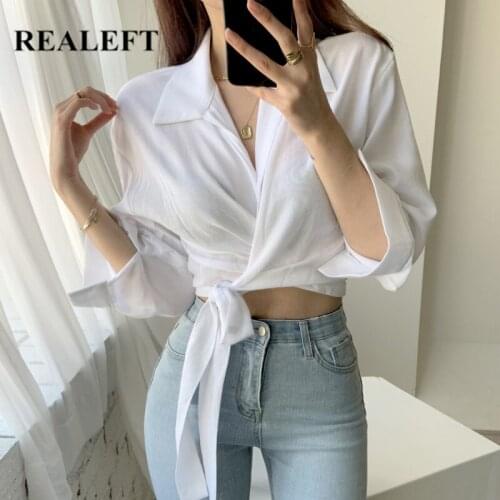 REALEFT 2021 New Chic Front Cross Womens Blouse Turn-down Collar Shirts Female Lace Up Shirts Elegant Short Tops Spring Summer
