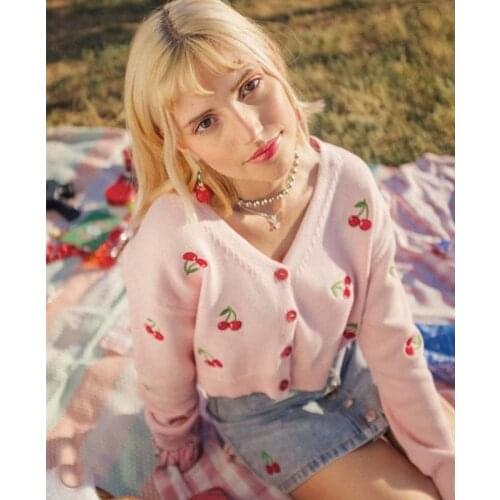 Women Long Sleeve Cherry Embroidery Cardigan V-neck Autumn Winter Sweet Crop Top Buttons Knitted Sweater Ladies Casual Outfits