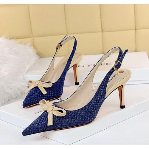 2021 Bowknot Weave modern sandals women stiletto high heels summer shoes woman cut out pointy toe buckle strap knitted sandalias