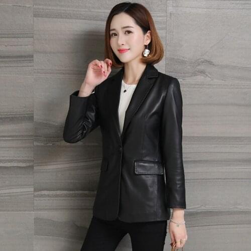 Autumn Winter Womens Long Sleeve Versatile Comfortable Real Sheep Leather Slim Lapel Single Button Blazer veste femme
