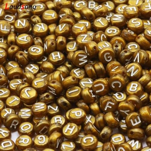 Wholesale 7mm Gold Mixed Letter Acrylic Beads Round Flat Alphabet Loose Beads For Jewelry Making Handmade Diy Bracelet Necklace