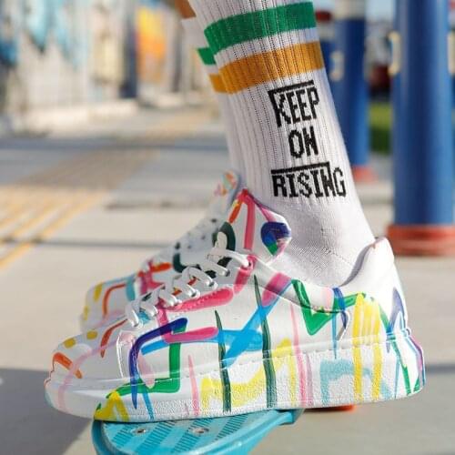 Chekich Mens & Womens Shoes Colorful Pattern on White Artificial Leather Mixed Color Lace Up Print Spring Summer Seasons Unisex Casual Sneakers Street Fashion Ladies Odorless High Base Light Skateboard CH255 Women V2