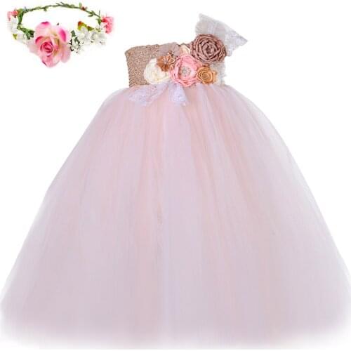 Kids Dress for Girls Wedding Pageant Party Gown One Shoulder Lace Tulle Princess Dress Costume Pink Flower Fairy Girl Tutu Dress