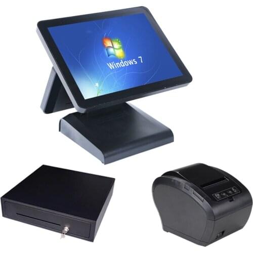 Double screen pos for restaurant cash register 15 inch pos touch all in one pc with cash drawer /printer