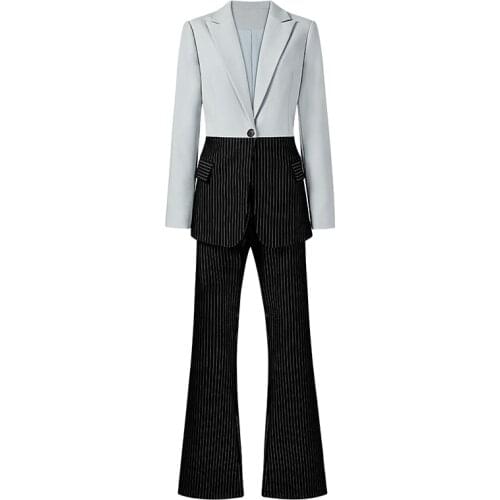 Brand New Retro Exquisite Striped Contrast Color Stitching Single Button Blazer High-Quality Trousers Office Lady Two-Piece Sets