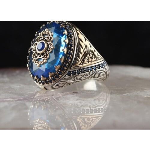 Blue Topaz Gemstone Pen Engraved Silver Ring