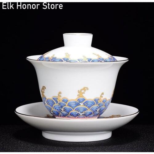 Chinese Blue And White Sancai Gaiwan Single Cups Handmade The Waves Ceramic Tea Bowl Holder Teacup Kung Fu Teaset Tea Maker