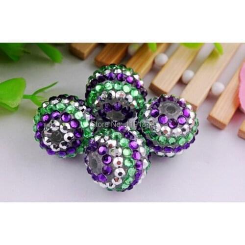 Kwoi vita lime/purple/silver strip color 20mm 100pcs/lot Chunky Resin Rhinestone Beads Ball for Kids Girls Jewelry Making