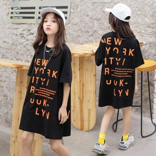 Summer Girls T Shirt Teen Girls Clothes Girls Black Letter Print Cotton Long T-shirt Girls Tops Chlidern Girls Clothing 4-14 Y