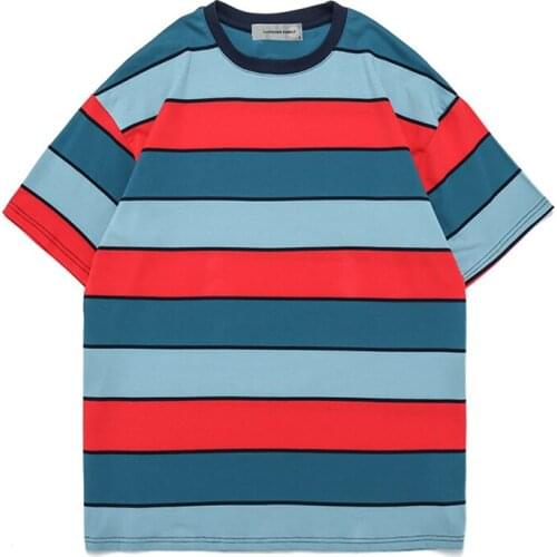 New Summer Japanese Trend Loose Striped Cotton Round Collar Short Sleeve T shirt Men Popular Logo INS Hong Kong Style Jacket