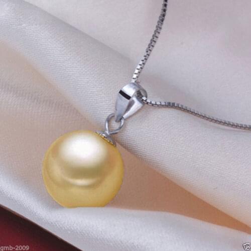 RARE 14mm Genuine Round Yellow South Sea Shell Pearl Pendant Necklace