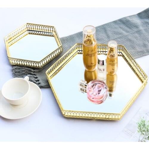 Luxury Nordic Style Hollow Gilded Iron Delicate Glass Mirror Base Creative Jewelry Cosmetic Storage Tray Fruit Plate Home Gift