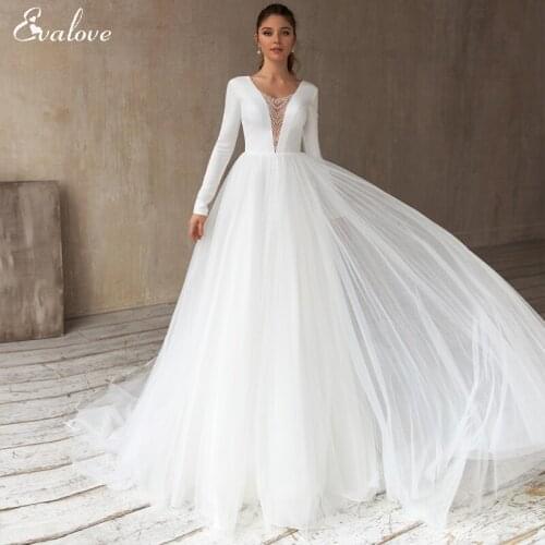 EVALOVE Luxury Scoop Neck Beading Bride A-Line Wedding Dresses Sexy Backless Long Sleeve Tulle Court Train Princess Bridal Gown