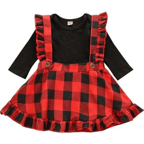 Xmas 2pcs Infant Baby Girls Clothes Sets Long Sleeve Solid Romper Plaid Printed Suspender Dress